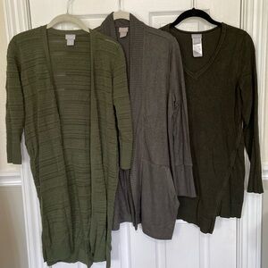 3 Chico's Olive Green Open Duster, Cardigan, V Neck Pullover